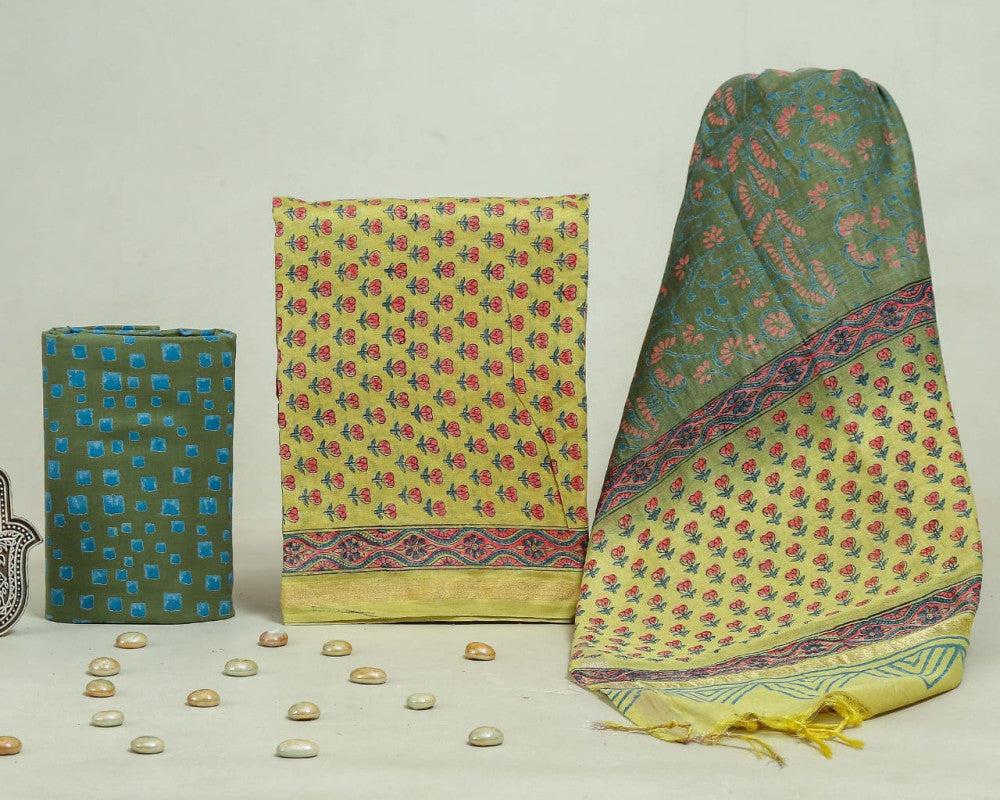 Bagru Hand Block Chanderi Silk Dress material Style 53 - Gi Heritage