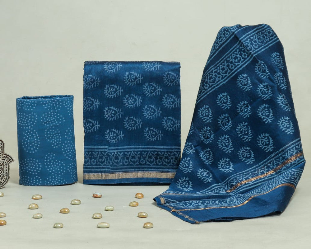 Bagru Hand Block Chanderi Silk Dress material Style 60 - Gi Heritage