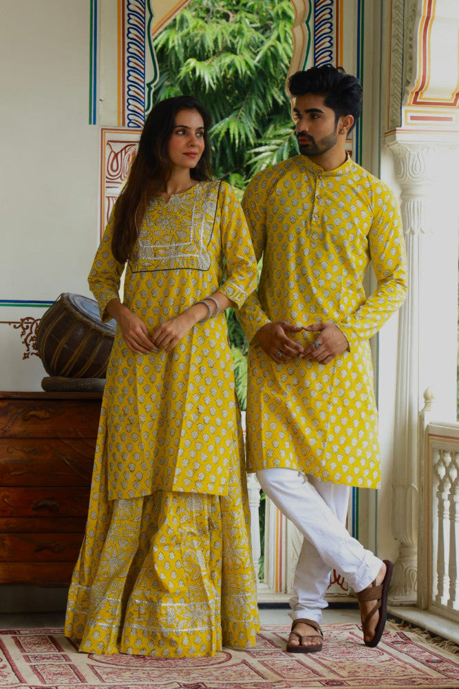 Bagru Hand Block Printed Couple Dress Ladies Kurta Skirt & Gent's Kurta Pajama Style 1