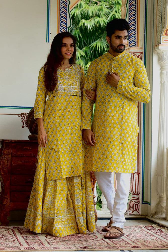 Bagru Hand Block Printed Couple Dress Ladies Kurta Skirt & Gent's Kurta Pajama Style 1