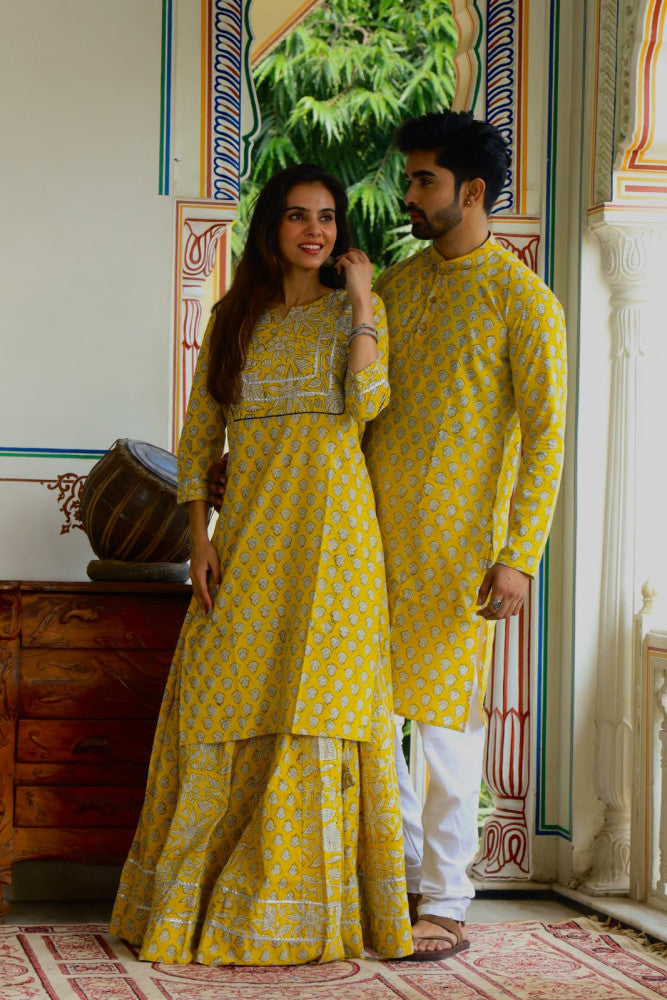 Bagru Hand Block Printed Couple Dress Ladies Kurta Skirt & Gent's Kurta Pajama Style 1