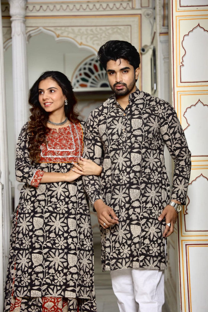 Bagru Hand Block Printed Couple Dress Ladies Kurta Skirt & Gent's Kurta Pajama Style 2