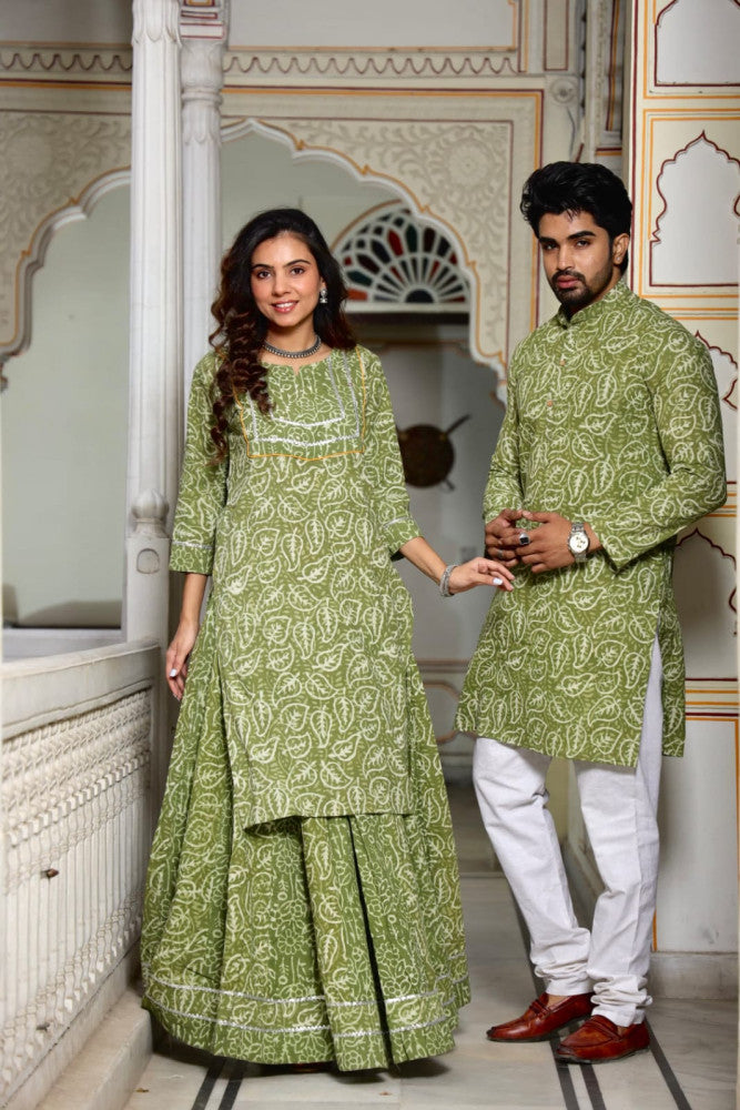 Bagru Hand Block Printed Couple Dress Ladies Kurta Skirt & Gent's Kurta Pajama Style 3