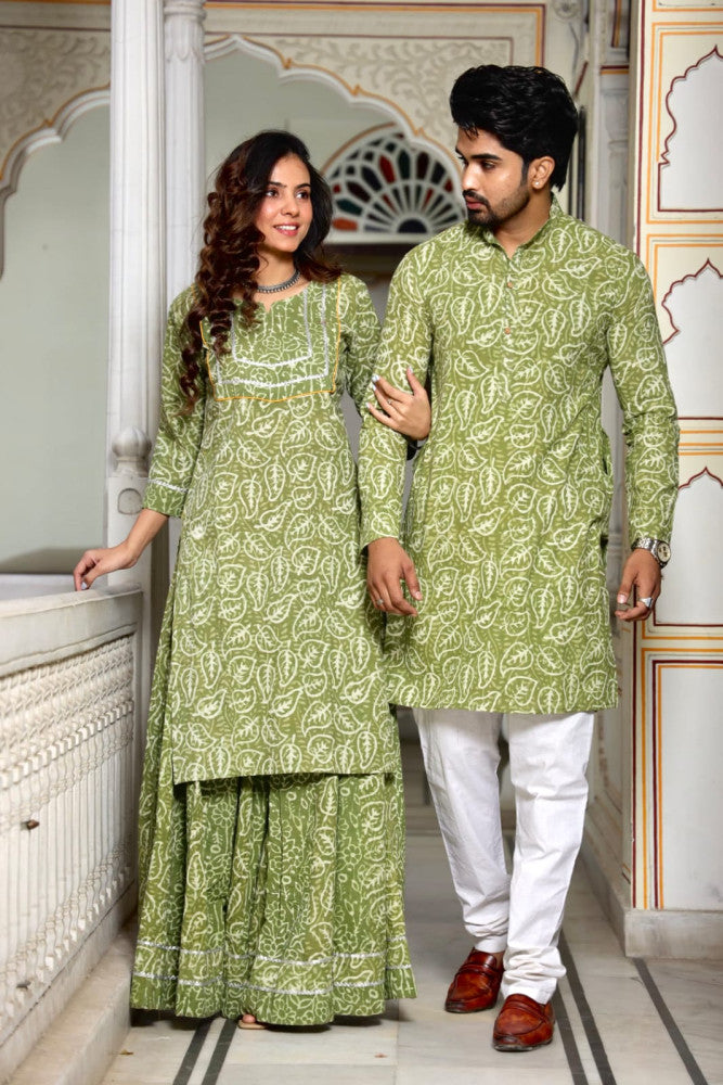 Bagru Hand Block Printed Couple Dress Ladies Kurta Skirt & Gent's Kurta Pajama Style 3