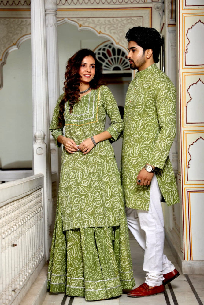 Bagru Hand Block Printed Couple Dress Ladies Kurta Skirt & Gent's Kurta Pajama Style 3