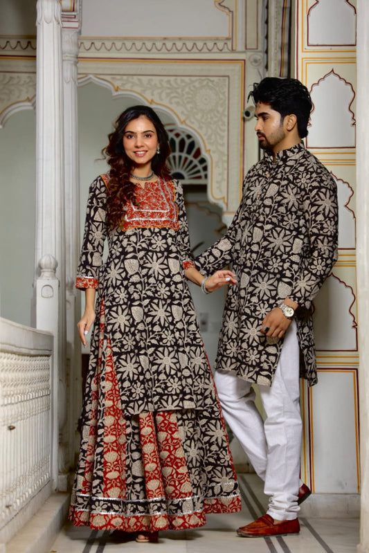 Bagru Hand Block Printed Couple Dress Ladies Kurta Skirt & Gent's Kurta Pajama Style 2