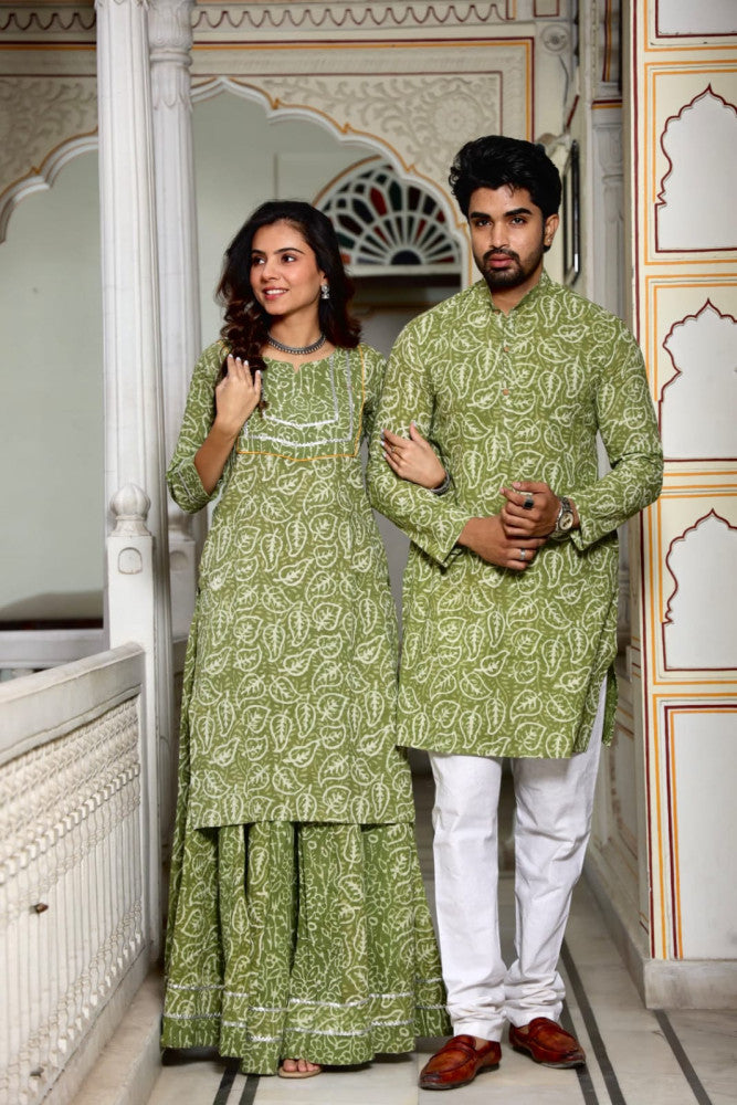 Bagru Hand Block Printed Couple Dress Ladies Kurta Skirt & Gent's Kurta Pajama Style 3