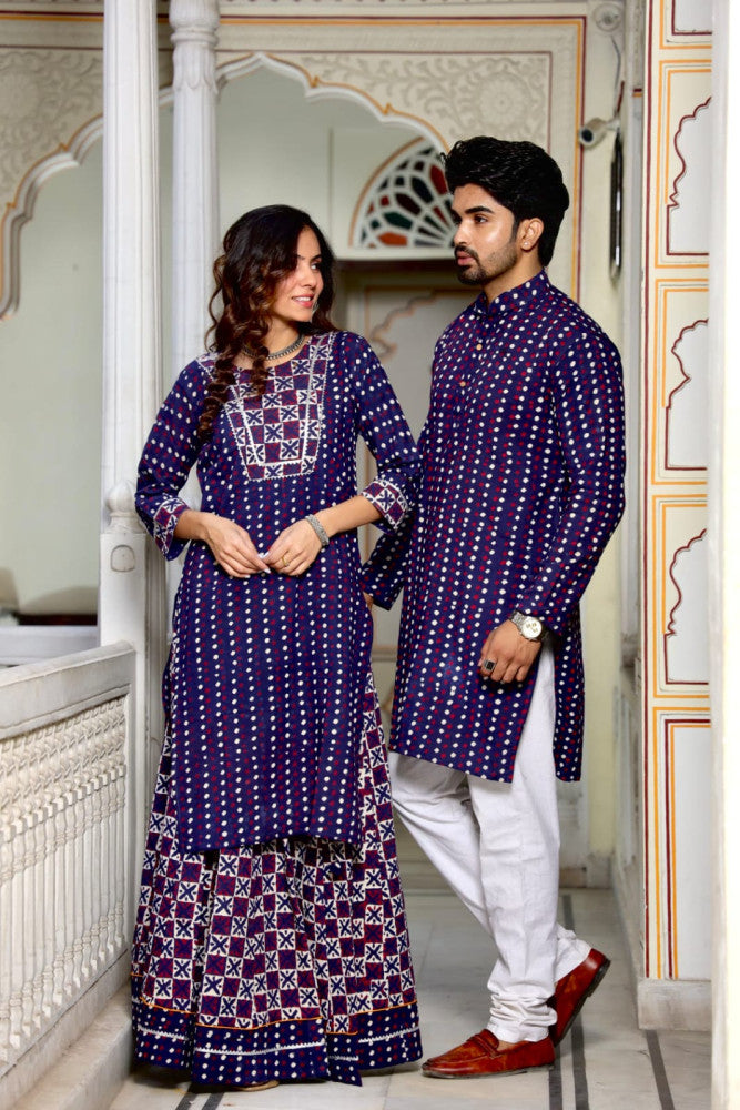 Bagru Hand Block Printed Couple Dress Ladies Kurta Skirt & Gent's Kurta Pajama Style 4