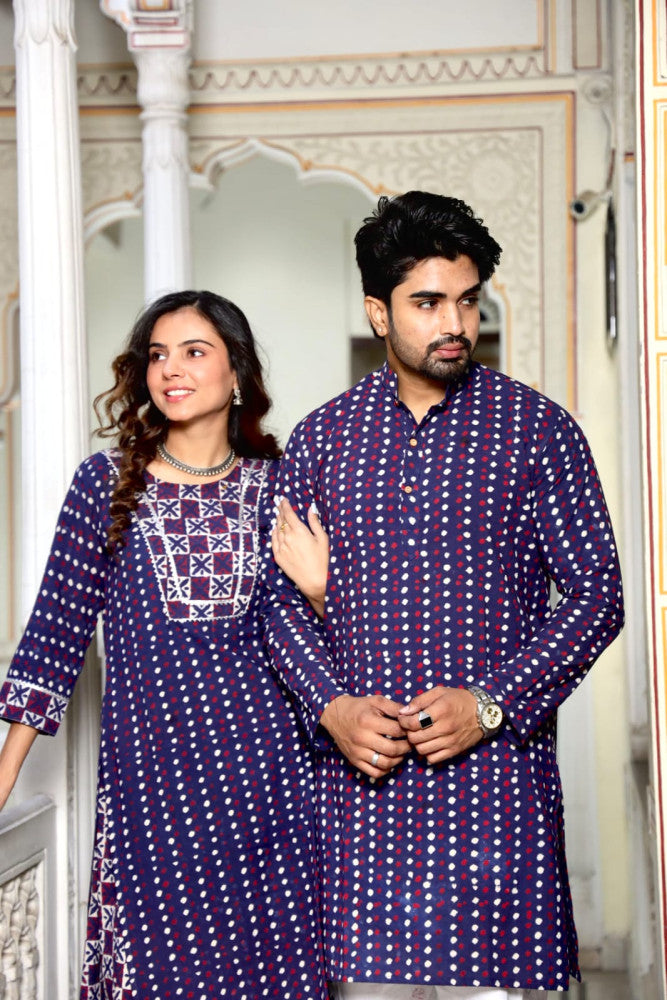 Bagru Hand Block Printed Couple Dress Ladies Kurta Skirt & Gent's Kurta Pajama Style 4