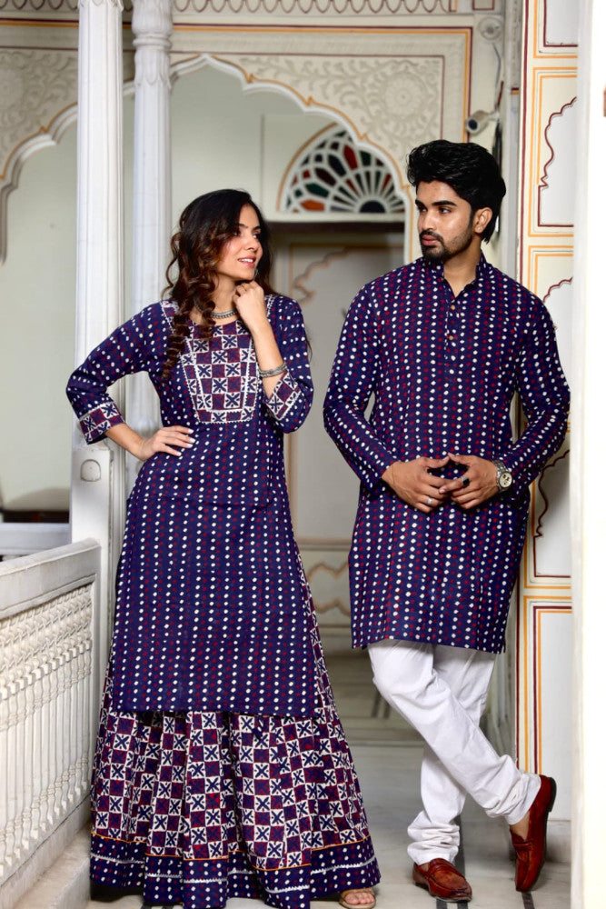 Bagru Hand Block Printed Couple Dress Ladies Kurta Skirt & Gent's Kurta Pajama Style 4