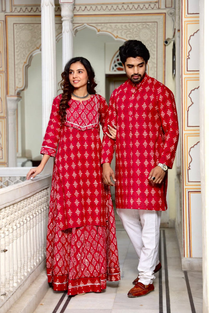 Bagru Hand Block Printed Couple Dress Ladies Kurta Skirt & Gent's Kurta Pajama Style 5