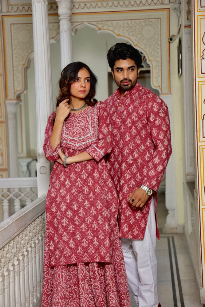 Bagru Hand Block Printed Couple Dress Ladies Kurta Skirt & Gent's Kurta Pajama Style 6