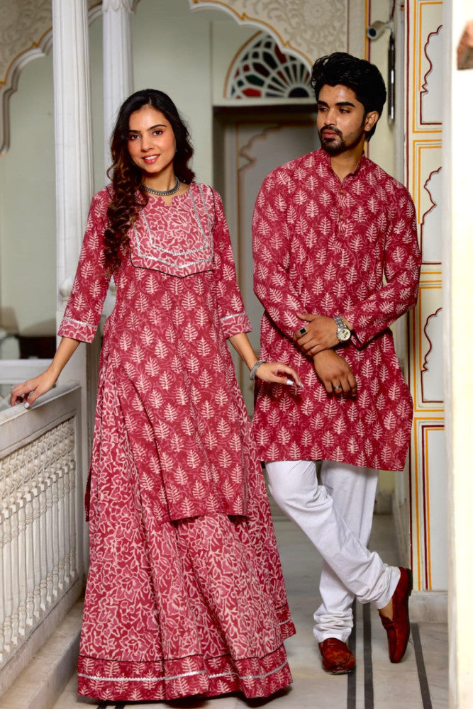 Bagru Hand Block Printed Couple Dress Ladies Kurta Skirt & Gent's Kurta Pajama Style 6