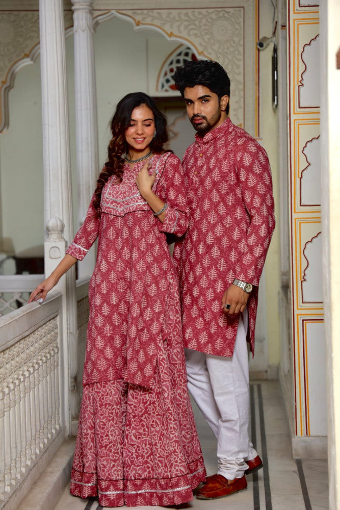 Bagru Hand Block Printed Couple Dress Ladies Kurta Skirt & Gent's Kurta Pajama Style 6