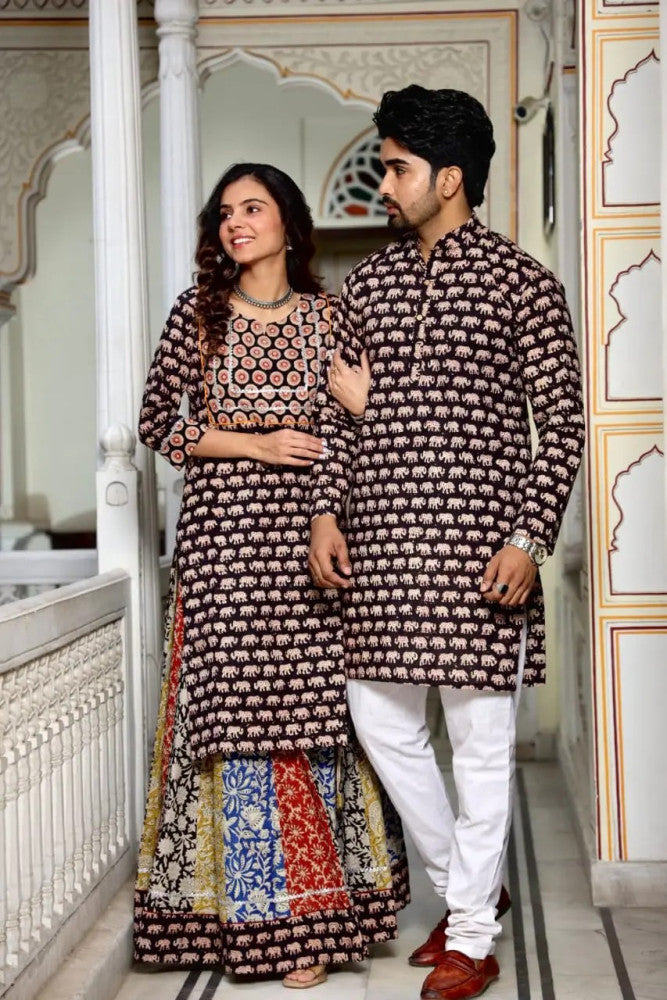 Bagru Hand Block Printed Couple Dress Ladies Kurta Skirt & Gent's Kurta Pajama Style 7