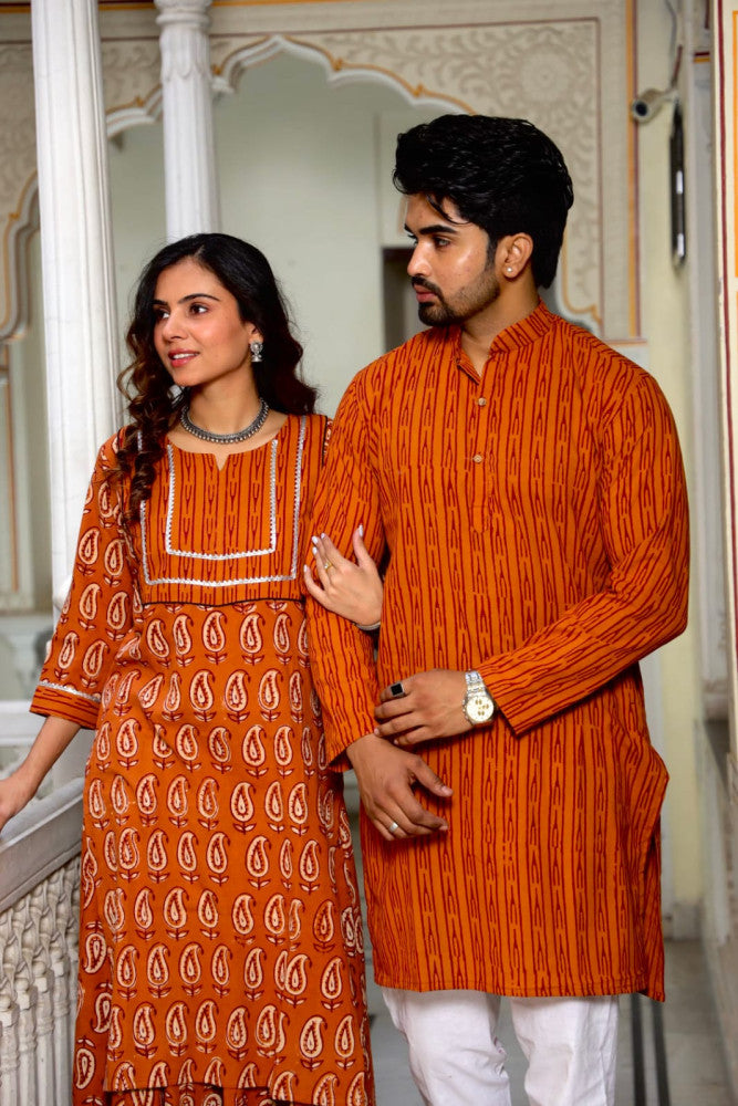 Bagru Hand Block Printed Couple Dress Ladies Kurta Skirt & Gent's Kurta Pajama Style 8