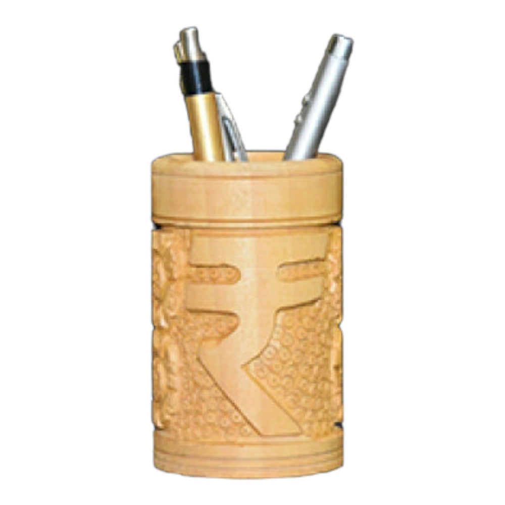 Banaras Wood Carving Pen Stand With INR Sign