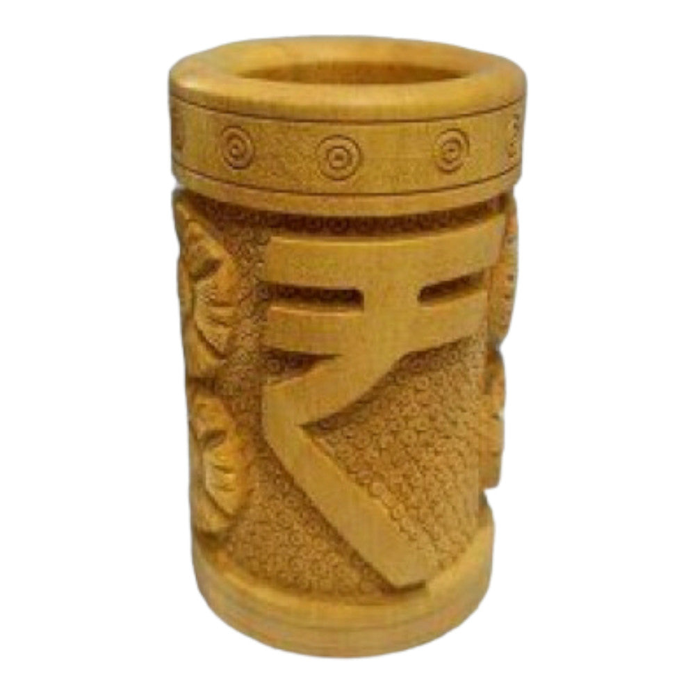 Banaras Wood Handcarved Pen Holder with Rupee Symbol