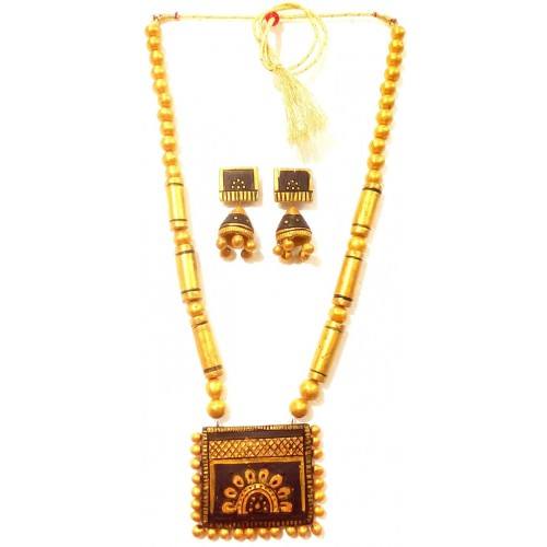 Golden Bankura Panchmura Terracotta Craft Necklace Jewellery Set