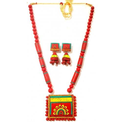 Red Bankura Panchmura Terracotta Craft Necklace Jewellery Set