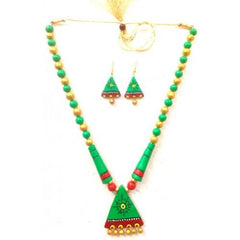 Parrot Green and Golden Bankura Panchmura Terracotta Craft Necklace Jewellery Set