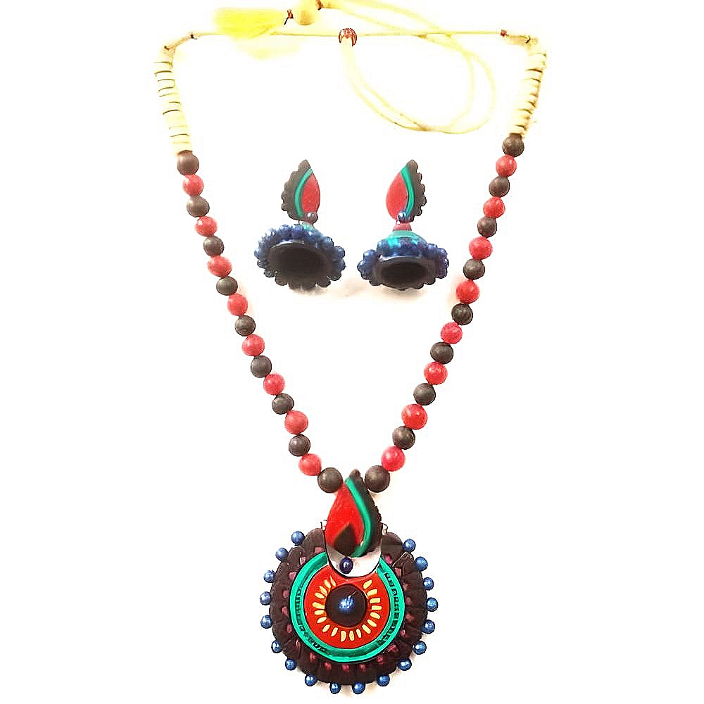 Multi-color Bankura Panchmura Terracotta Craft Necklace Jewellery Set