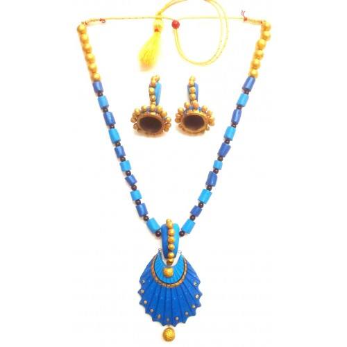 Sky Blue Bankura Panchmura Terracotta Craft Necklace Jewellery Set
