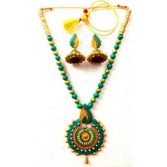 Dark Green Bankura Panchmura Terracotta Craft Necklace Jewellery Set