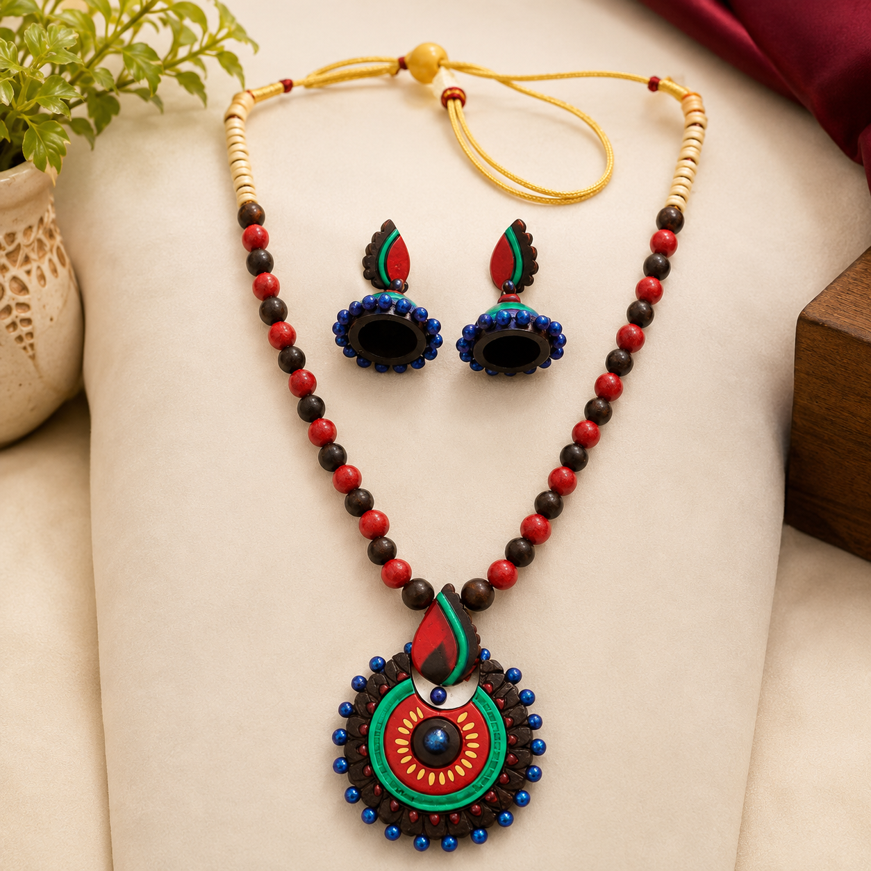 Multi-color Bankura Panchmura Terracotta Craft Necklace Jewellery Set