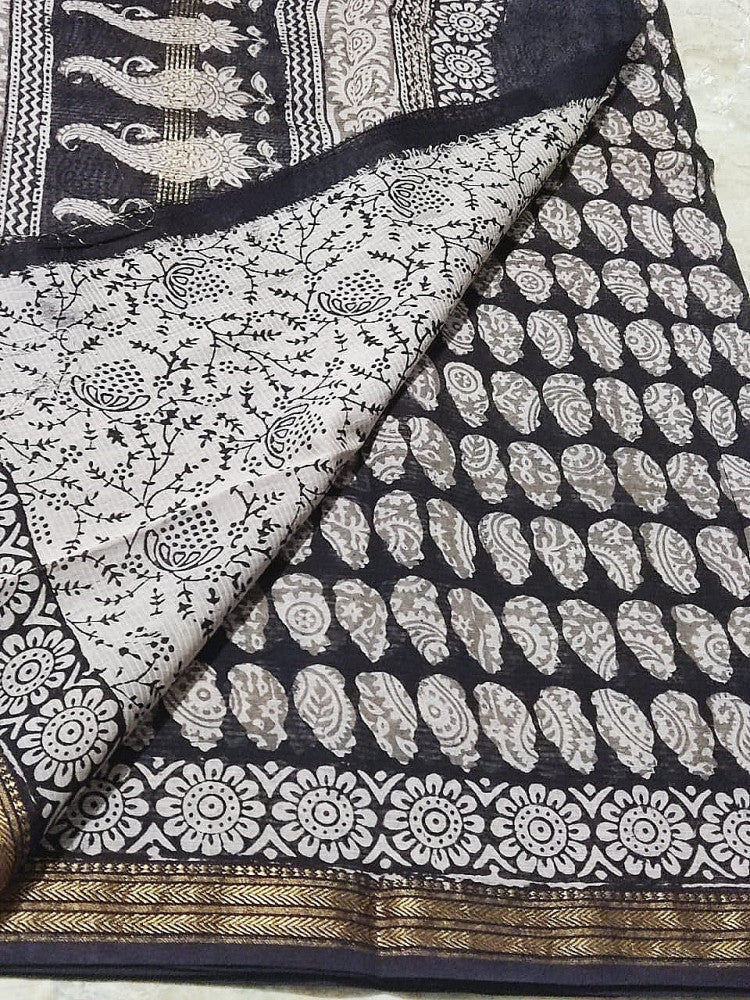 Beautiful Bagh Block Print Black & White Saree