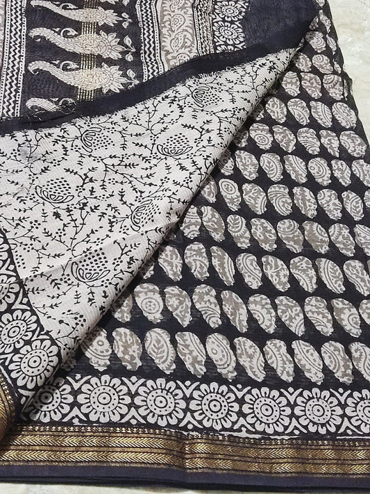 Beautiful Bagh Block Print Black & White Saree