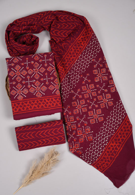 Beautiful Bagru Hand Block Printed Cotton Suit Material With Cotton Dupatta Style 42