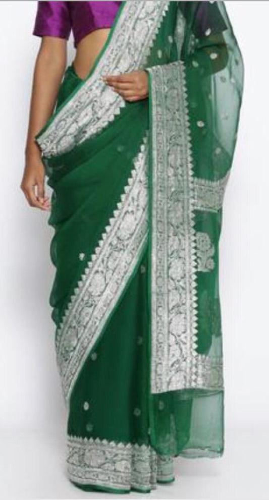 Beautiful Banarasi Green Chiffon Saree