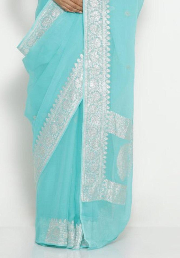 Beautiful Banarasi Light Blue Chiffon Saree