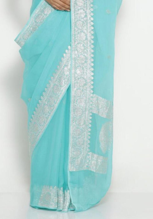 Beautiful Banarasi Light Blue Chiffon Saree