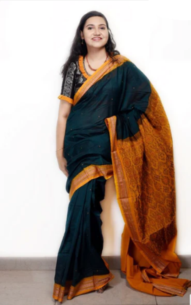 Beautiful Dark Green & Orange Bomkai Saree