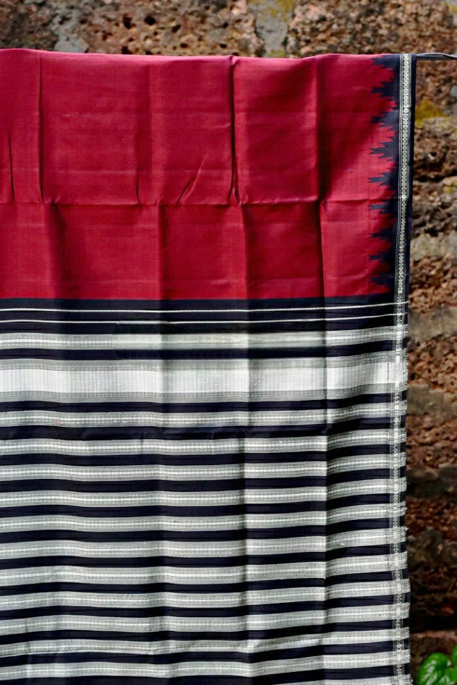 Beautiful Maroon & Black Prints Berhampur Saree