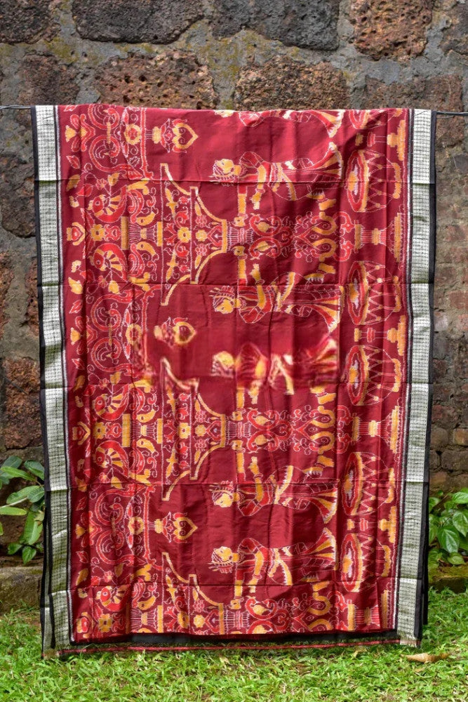 Beautiful Maroon & Black Tribal Design Sambalpuri Silk Saree
