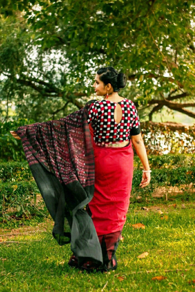 Beautiful Red & Black Prints Berhampur Saree