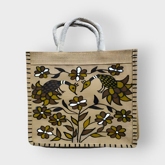 Beige Floral Khovar Jute Bag