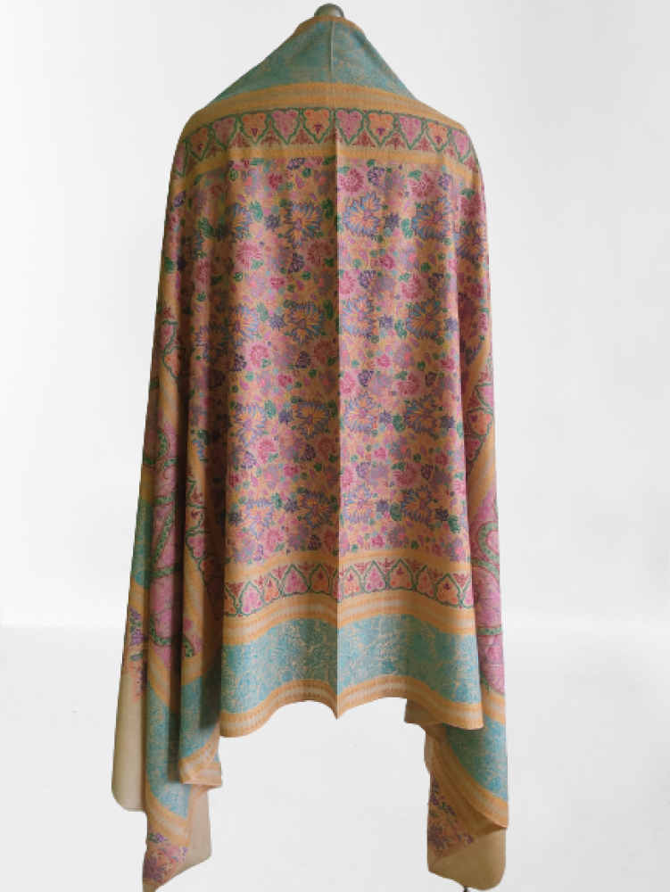 Beige Pink & Turquoise Floral Design Kani Shawl