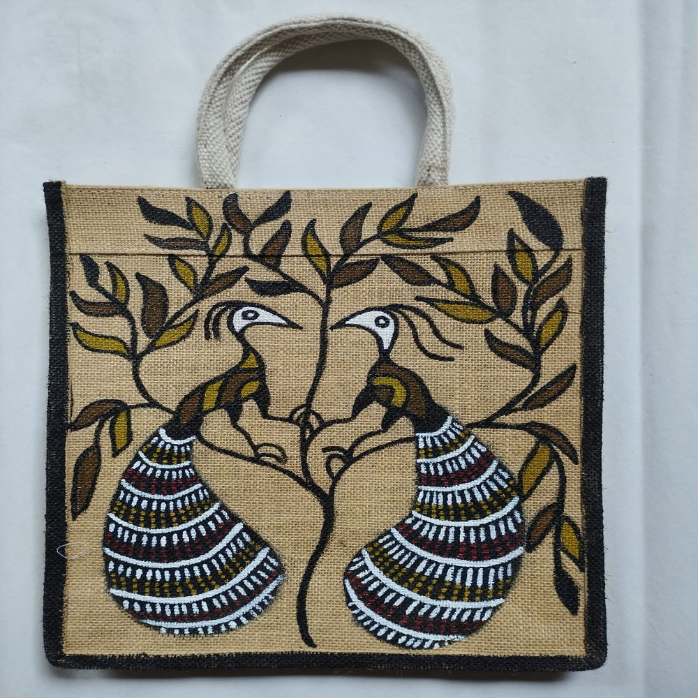 Beige & White Khovar Jute Bag