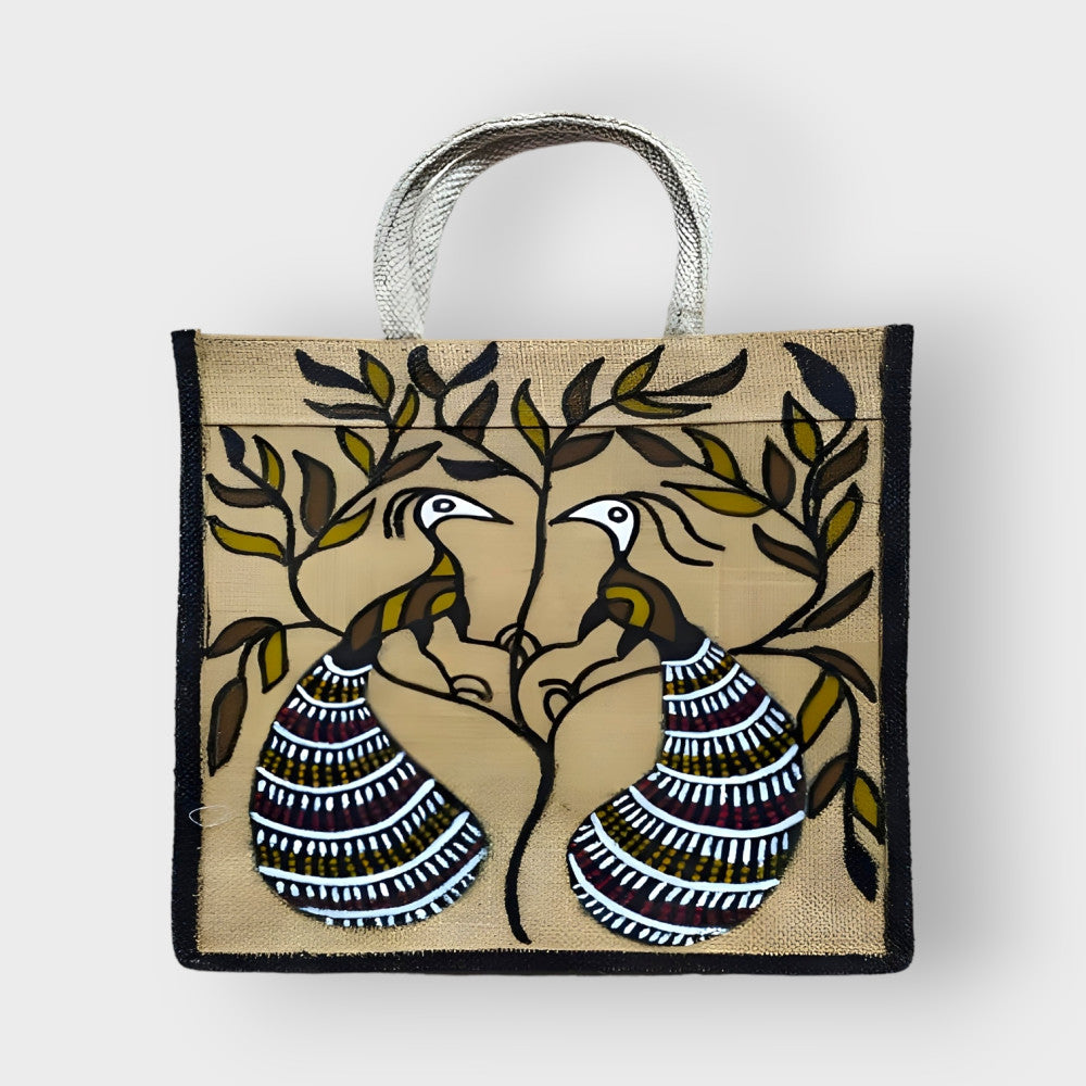 Beige & White Khovar Jute Bag