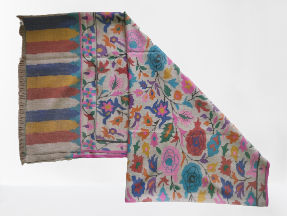 Beige With Multicolour Big Floral Design Kani Shawl