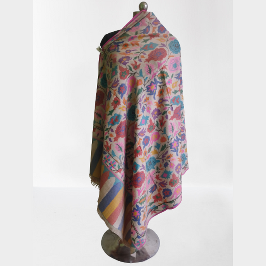 Beige With Multicolour Big Floral Design Kani Shawl