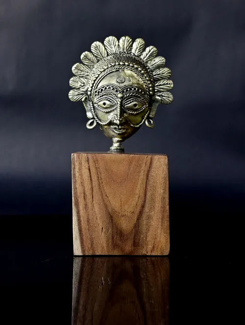 Bengal Dokra Adivasi Bust on wooden pedestal - 2