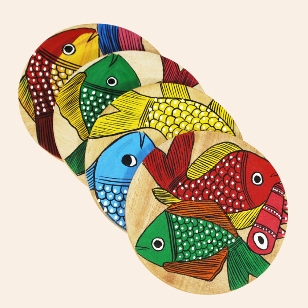 Bengal Pattachitra Wooden Coasters Fishes (4pcs)