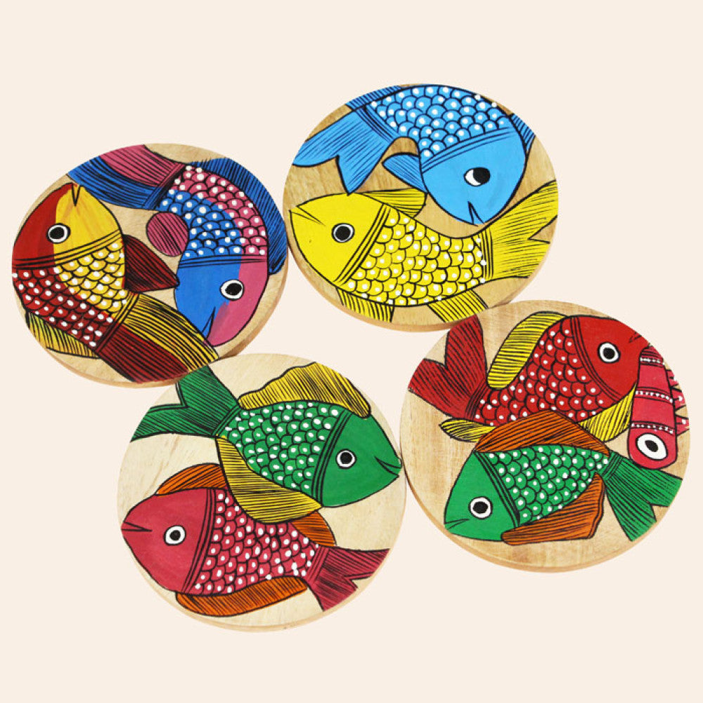 Bengal Pattachitra Wooden Coasters Fishes (4pcs)