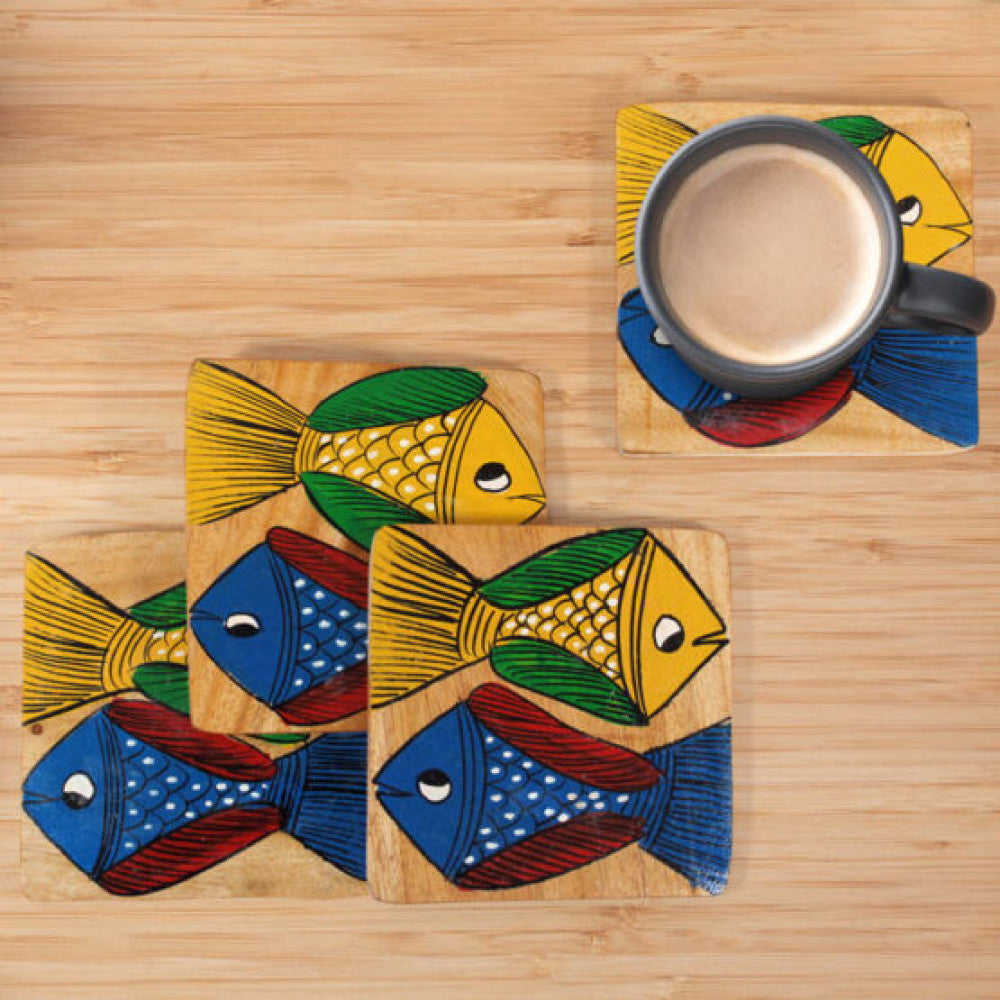 Bengal Pattachitra Wooden Coasters Fishes Square (4pcs)