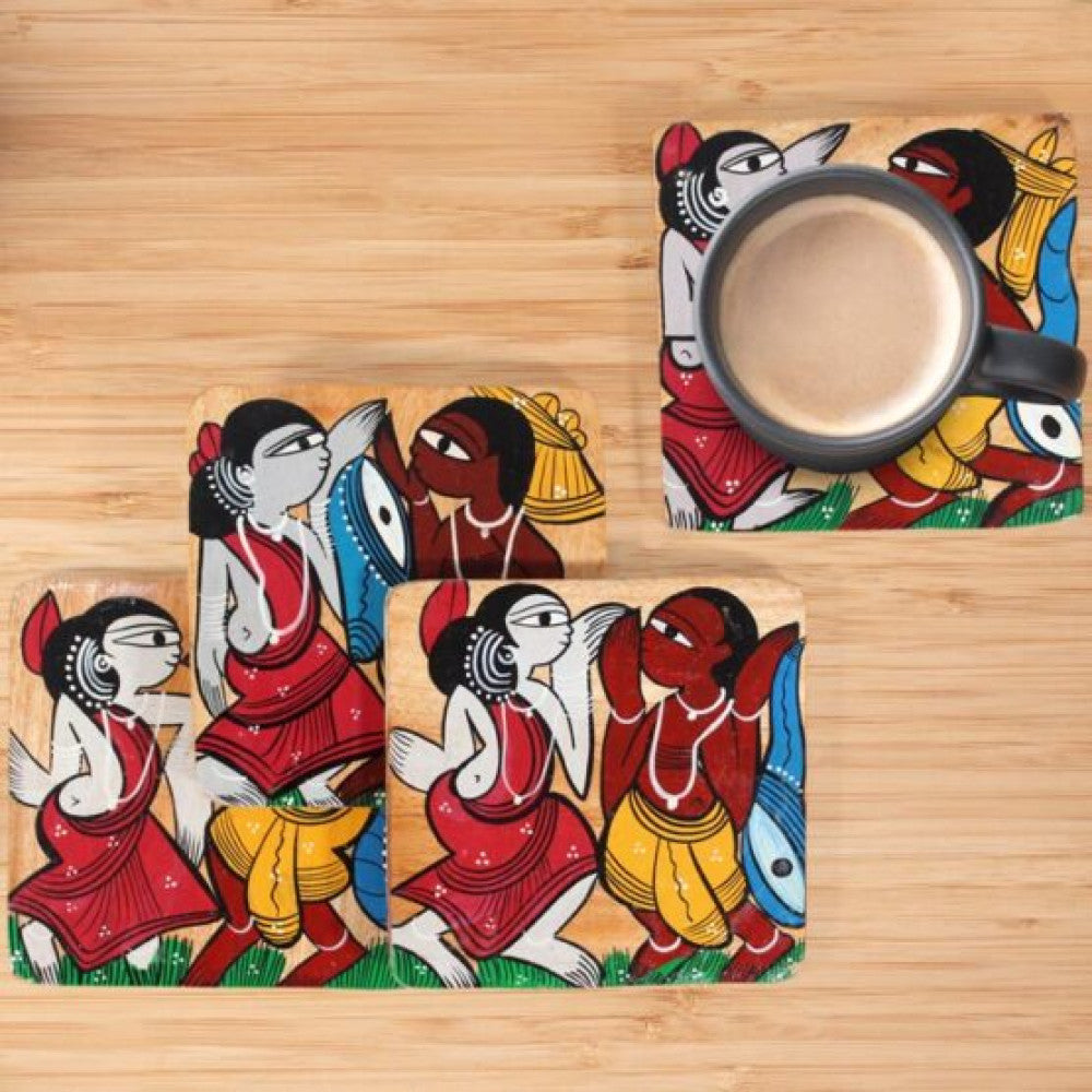 Bengal Pattachitra Wooden Coasters Men And Women Dancing (4pcs)